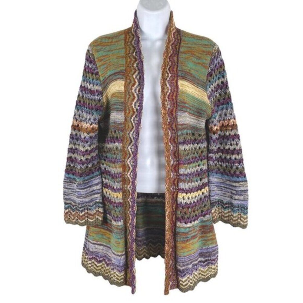 Ali‎ Miles Open Front Cardigan Sweater Small Crochet Multicolored Boho CJ-1588